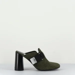 Mules sabot talon haut en cuir suede kaki - M6088 PEACH CLOGS