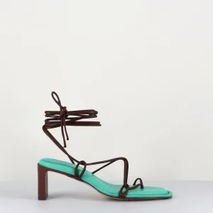Sandales vertes à fines lanières de cuir marron- ALBERTA GREEN SANDALS