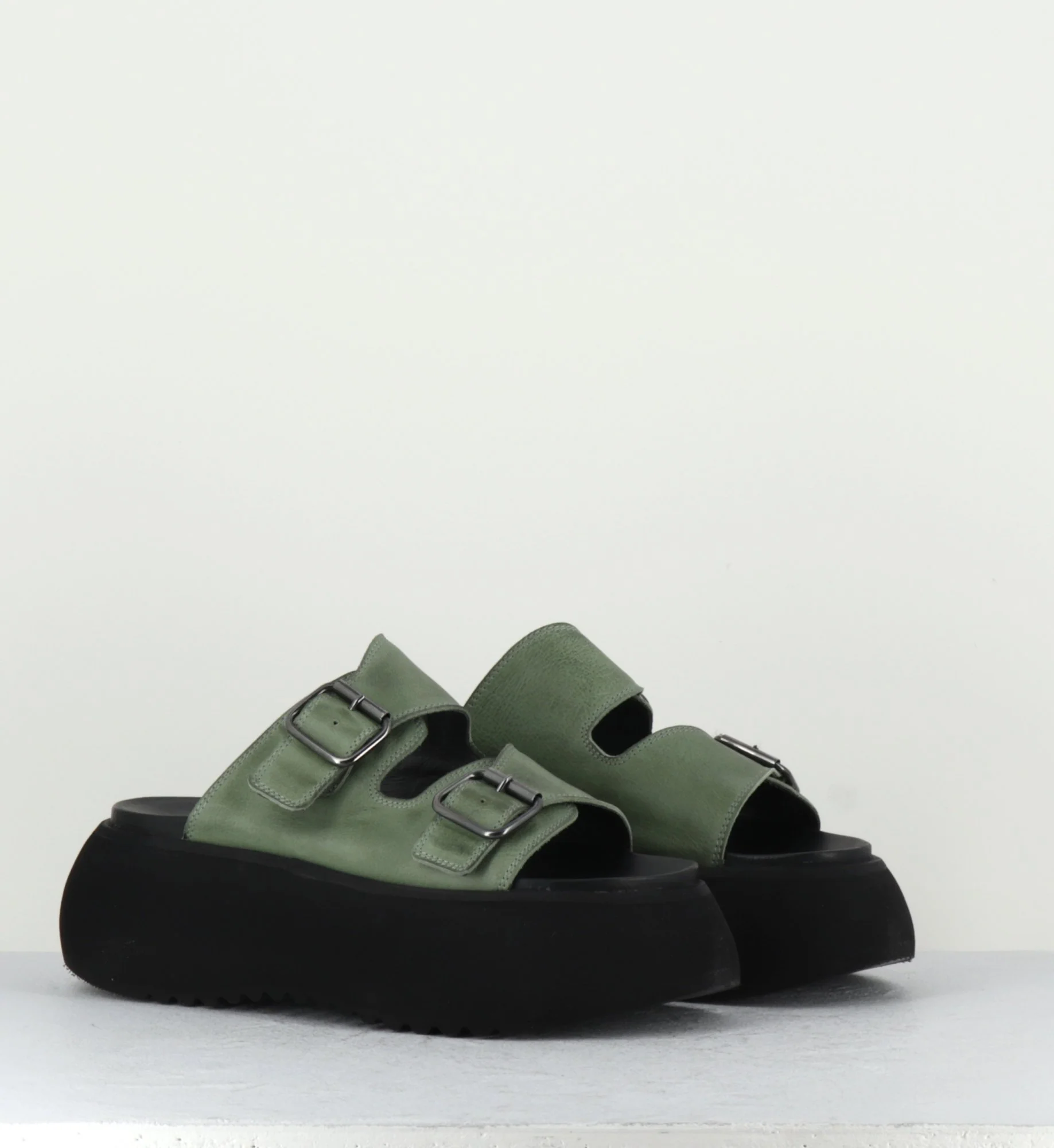 Sandales cuir kaki plateforme chunky noire - 1E002 GREEN – Image 6