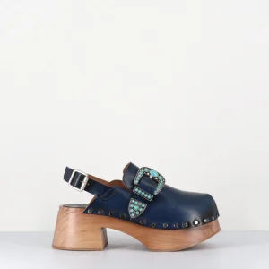 Sabots en cuir bleu & boucle ornée de pierres - 3607BIS BLU