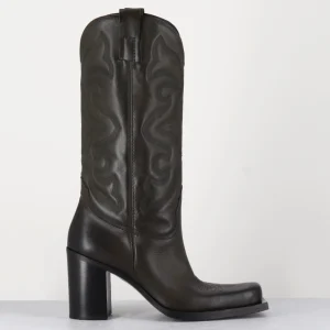 Texan boots bout carré en cuir khaki & surpiqures - E3660 MILITARE