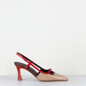Escarpins slingback à talon bout carré beige marron rouge - DRINO PITTI NATURE