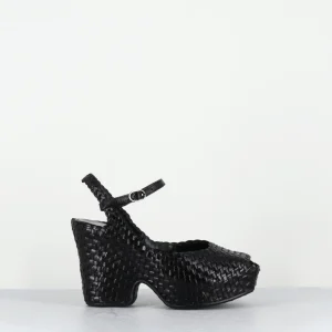 Sandales compensées en cuir tressé noir bout carré - SANREY NEGRO TRENZADO