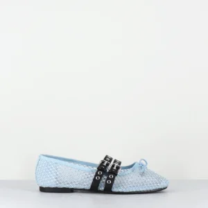 Ballerines en mesh bleu ciel à strass & double brides en cuir noir - MISTY CRISTALLO CELESTE