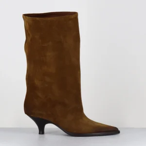 Boots tubulaires en daim camel bout pointu - E4303 HOMBRE COGNAC