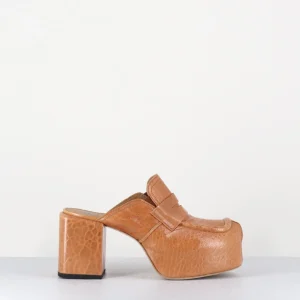 Sabots à plateforme en cuir camel - 1GS448 NAPLAK CROCCANTINO