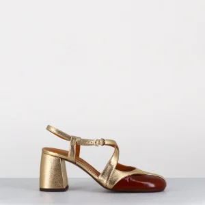 Babies à talon en cuir métallisé doré et vernis marron - SOTILA SUCRE CUERO