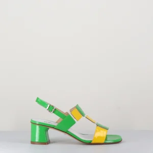 Sandales 60s bout carré en cuir vernis vert&jaune - 604 GREEN YELLOW