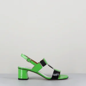 Sandales 60s bout carré en cuir vernis vert & noir - LEFAI GREEN BLACK