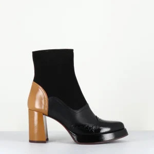 Boots cuir noir & talon beige bout pointu fleuri - FAYU MASERATI NEGRO