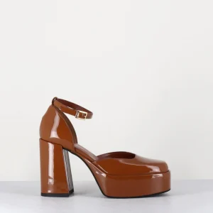 Babies à plateforme en cuir vernis caramel - SQUARE CUOIO