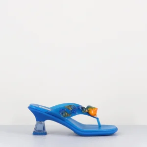 Tong cuir bleu & plexi ornées de coquillages - OCEANE BLUE SANDALS