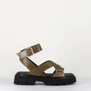 Sandales semelle épaisse en cuir khaki - PE7455 MILITARE