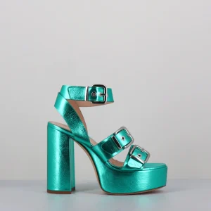 Sandales à plateforme cuir métallisé vert & boucles - PHILE CAULI