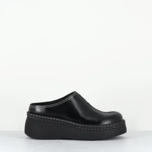 Sabots compensés en cuir noir - MEGO BLACK MULES