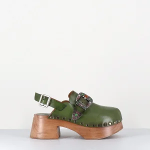 Sabots en cuir vert & boucle ornée de pierres - 3607BIS VERDE