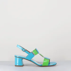 Sandales 60s bout carré en cuir vernis bleu & vert - LEFAI BLU GREEN
