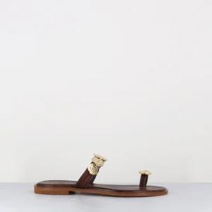 Mules plates en cuir marrons & pièces dorées - K852 CHOCO