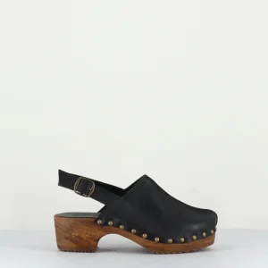 Sabots à bride cuir noir & rivets bronze - 288 VEGETAL NERO