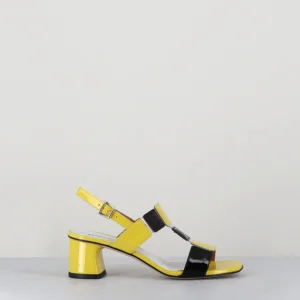 Sandales 60s bout carré en cuir vernis jaune & noir - LEFAI YELLOW BLACK