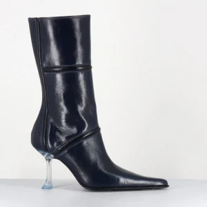 Boots bout pointu en cuir bleu & talon plexi - SANDER NAVY BOOTS