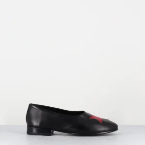 Ballerines japonsaises cuir noir étoile rouge - PAUL TWIN BLACK COW