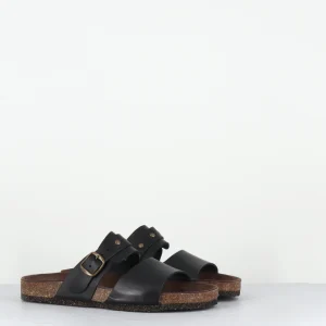 Sandales plates cuir noir & liège - 497-288 VAC NERO