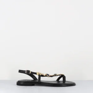 Sandales plates en cuir noir bride bijoux dorés & pierres noires - K817 BLACK