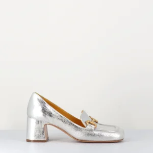 Mocassins petit talon en cuir argent & mors doré - Q167 VINTAGE SILVER