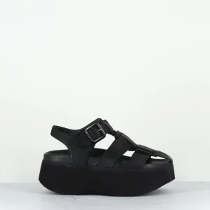 Sandales compensées japonisantes en cuir noir - 7163 GAS NERO