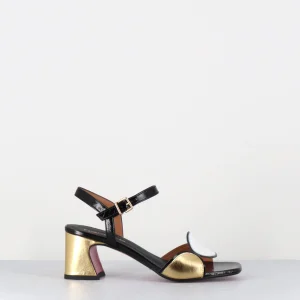Sandales 60s en cuir doré noir blanc - CARTOU LUX NERO