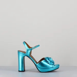 Sandales à fleur en cuir métallisé bleu talon haut - CATINA CITROEN SKY