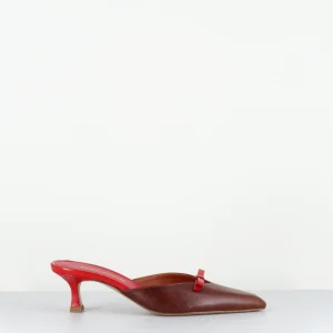 Mules bout pointu petit talon cuir camel & noeud rouge - SINER SIDNEY CUOIO