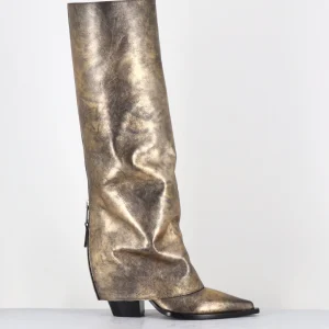 Bottes santiag à guêtre en cuir doré patiné noir - E3868 MISTER ORO