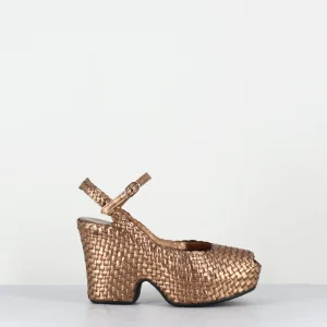 Sandales compensées en cuir tressé bronze bout carré - SANREY OASSI TRENZADO