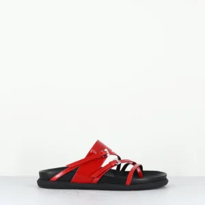 Sandales plates multi-brides en cuir vernis rouge - BAHIA RED SANDAL