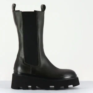 Boots en cuir vert kaki à élastique chelsea tige mi-hauteE2721K