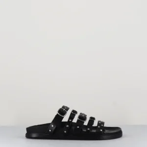 Sandales plates en cuir noir multi-brides à clous - 68750 NERO