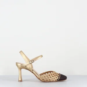 Escarpins à bride en cuir tressé or & marron - LEILA INDIA MORO ORO