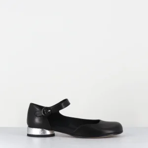 Babies asymétrique en cuir noir petit talon argent - MANI24 FULAR NERO