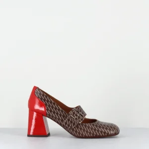 Mary-Jane à talon en cuir imprimé pied-de-poule & talon vernis rouge - SYSA GALLO TESTA