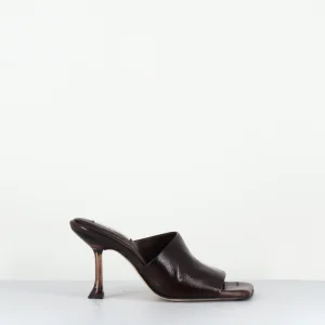 Mules bout carré en cuir marron talon haut en plexi - MIRI BROWN MULES