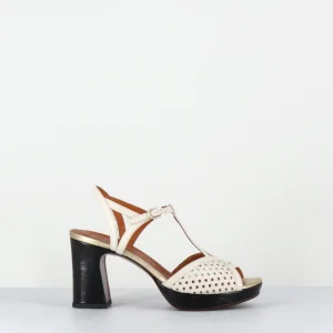 Sandales à talon en cuir ajouré crème & vernis noir-  - KEGY SOFTY LECHE