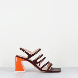 Sandales multi-bride en cuir marron & talon plexi orange - AUBREY BROWN SANDALS