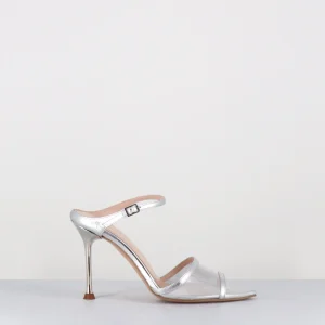 Mules à talon haut en cuir métallisé argent & mesh - ORLU RETE ARGENTO