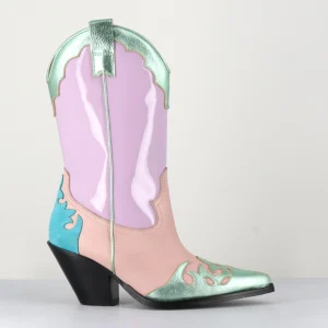 Boots Santiags en cuir lilas, saumon, turqoise et vert - TL-12357 ROSE MALVA